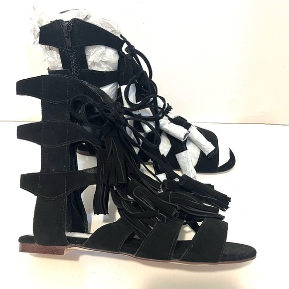 JEFFREY CAMPBELL REDONDO Black Fringe Low Heel Flat Gladiator Sandal 7.5 - Picture 4 of 14